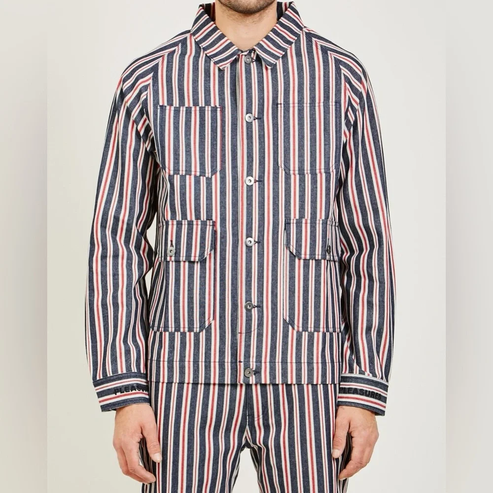 PLEASURES striped chore jacket over shirt shacket denim red printed graphic - Picture 11 of 11